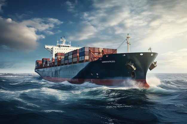 Cargo ship carrying containers in the middle of the ocean and big waves Big container cargo ship overcomes the big waves and sails to the port in the background of sea and beautiful sky