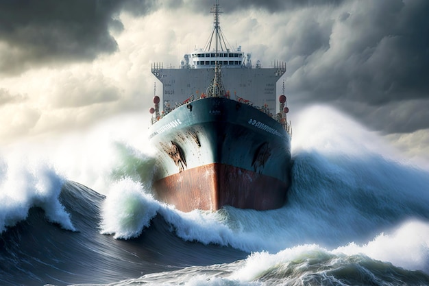 Cargo ship delivers cargo and sails on rough sea