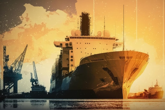 Cargo Ship Docked at Sunrise stylized and abstract