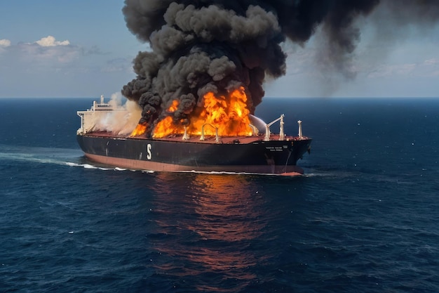 Cargo ship engulfed in flames at sea