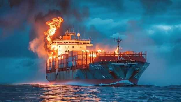 Cargo ship on fire at sea during twilight