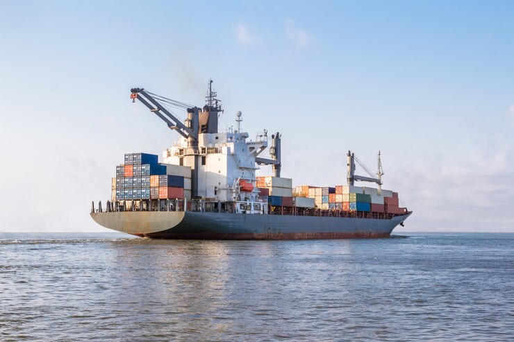 Photo cargo ship is sailing to sea to transport cargo in containers