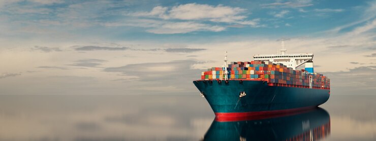 Photo cargo ship in the middle of the sea. 3d render and illustration