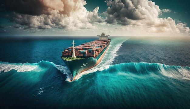 A Cargo Ship Navigating the Open Sea for International Trade and Logistic Operations Generative AI