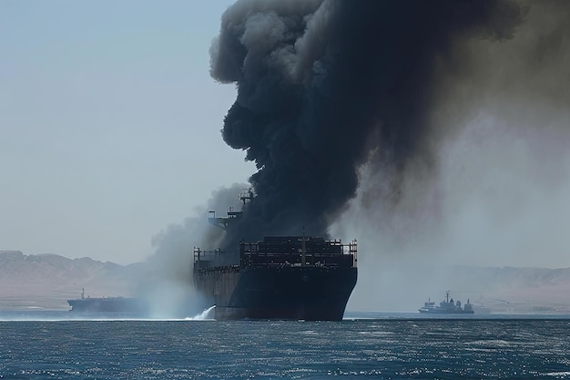 Photo cargo ship oil tanker in red sea being hit by missile burning ship