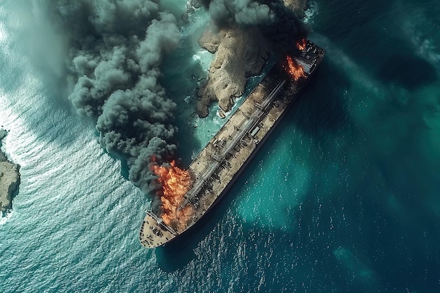 Photo cargo ship oil tanker in red sea being hit by missile burning ship