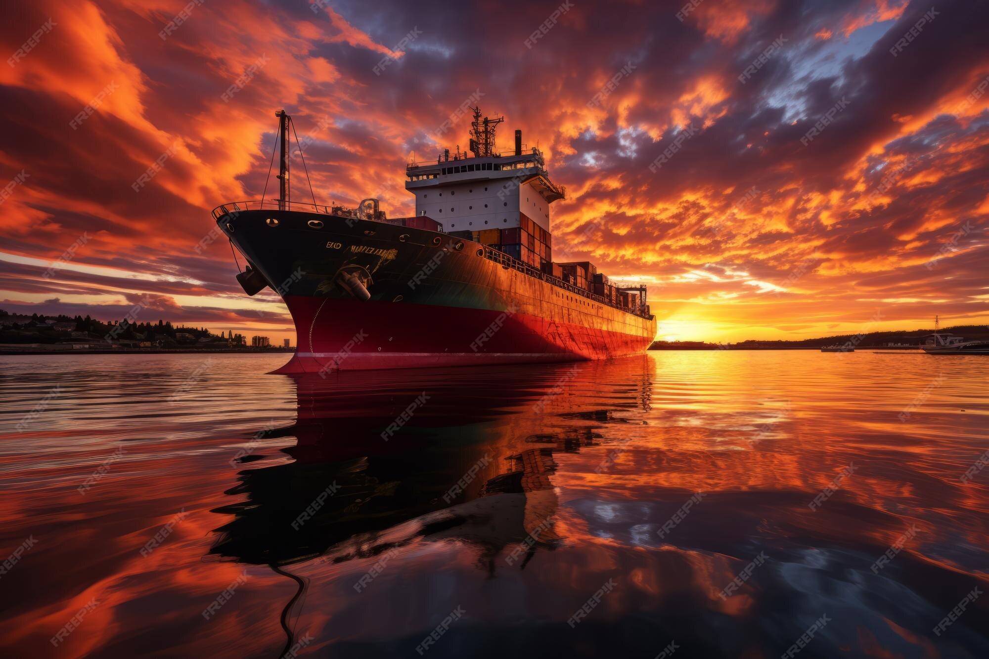 premium-ai-image-cargo-ship-sailing-under-a-breathtaking-sunset