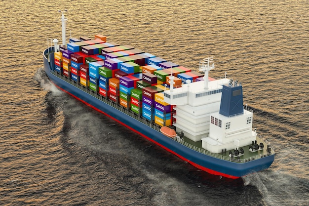 Photo cargo ship sailing in ocean 3d rendering