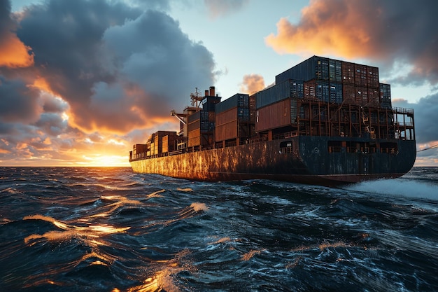 Cargo ship in the sea at sunset