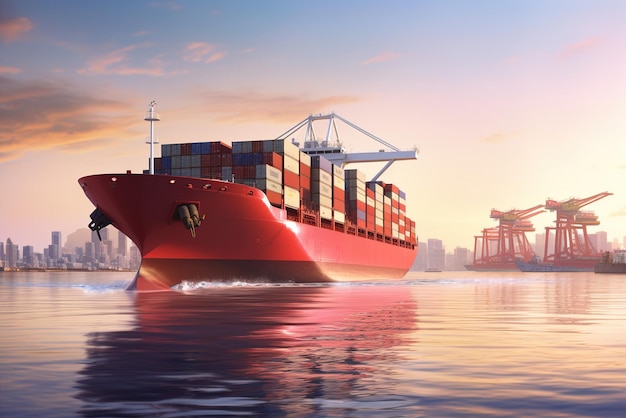 Cargo ship in the sea surrounded by city buildings and port cranes