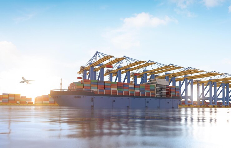 Cargo ship or vessel with containers at terminal port