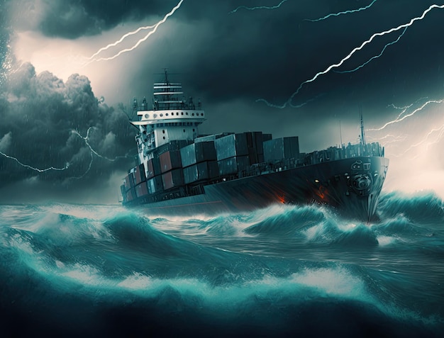 Cargo ship with containers on deck in storm sea and stormy sky cargo transportation in bad weather