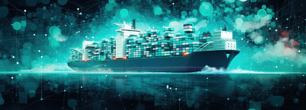 Cargo ship with freight containers blue background with connection network generative ai