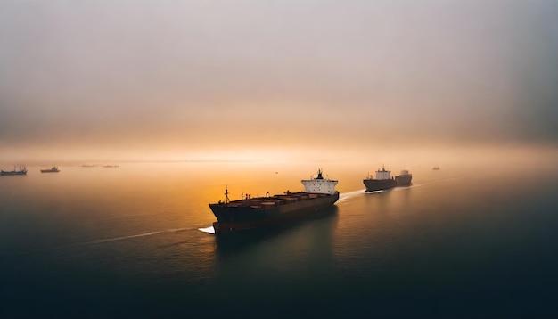 Foto navi da carico sull'oceano al tramonto con un cielo dorato