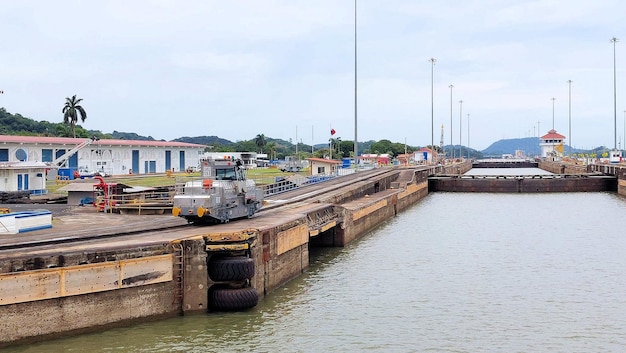 Cargo ships in panama canal locks in panama city