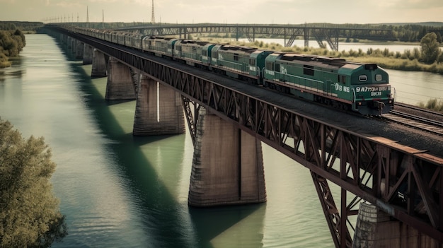 Грузовой поезд пересекает мост через реку, сгенерированный искусственным интеллектом.