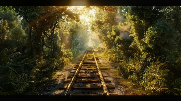 Photo cargo train tracks surrounded by a lush forest capture the essence of historical transportation