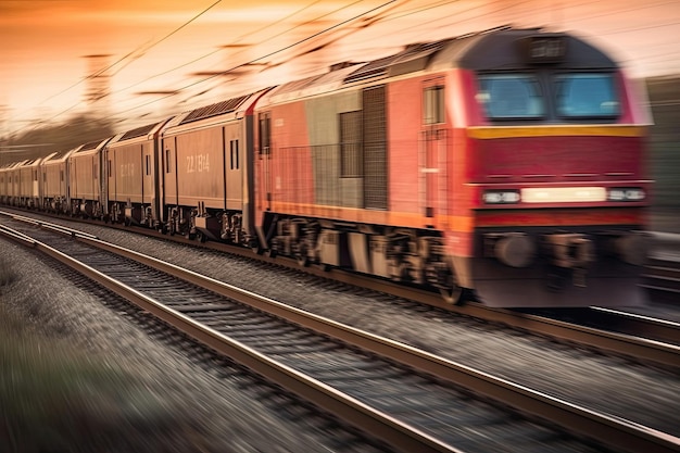 Cargo train transporting shipping containers depicted with motion blur representing the concept of speedy delivery of goods Created using Generative AI