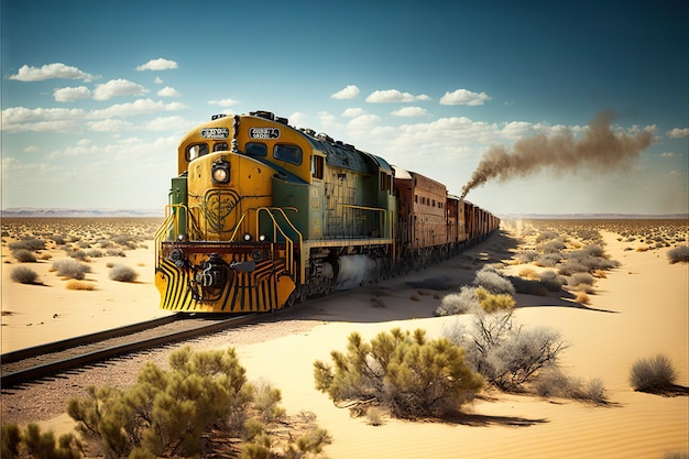 写真 砂漠の大草原に敷設された鉄道を貨物列車が走行