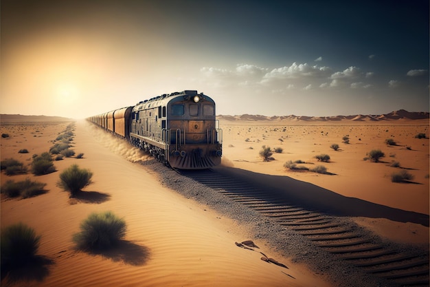 写真 砂漠の大草原に敷設された鉄道を貨物列車が走行