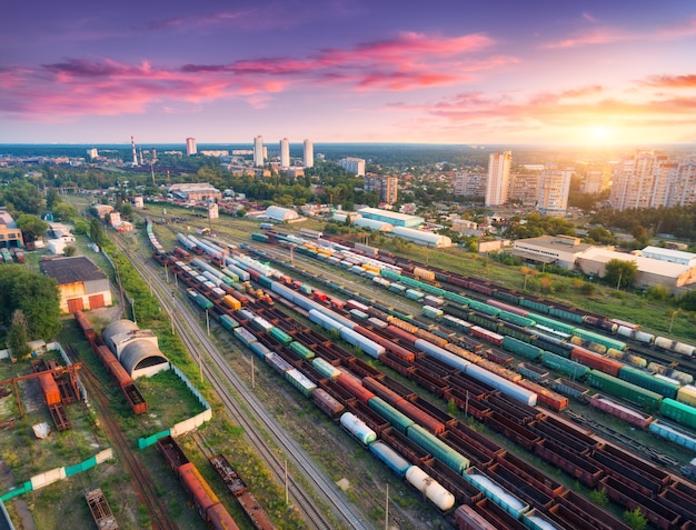 Cargo trains. Aerial view of colorful freight trains.