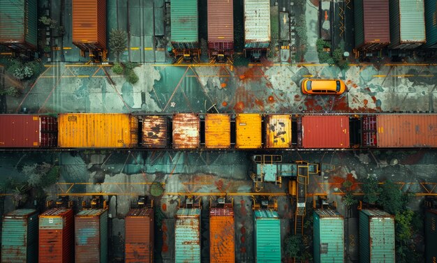 Photo cargo trains and trucks at the docks top view