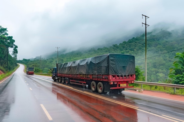 雨の日に高速道路を高速で走る貨物トラック背景には雨林のリベイル