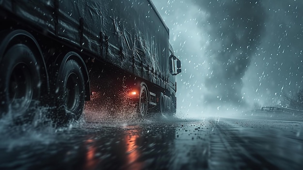 Photo a cargo truck on the road in a tornado