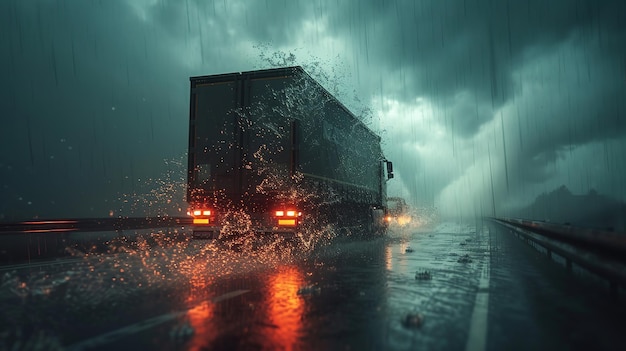 Photo a cargo truck on the road in a tornado