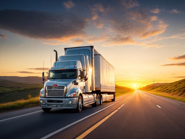 高速道路を走行する貨物トレーラーを備えた貨物トラック白いトラックが早朝に商品を配達します
