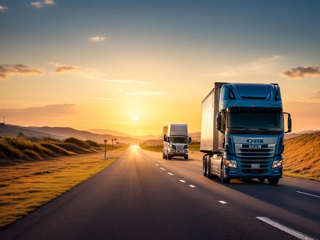 Cargo truck with cargo trailer driving on a highway White Truck delivers goods in early hours of th