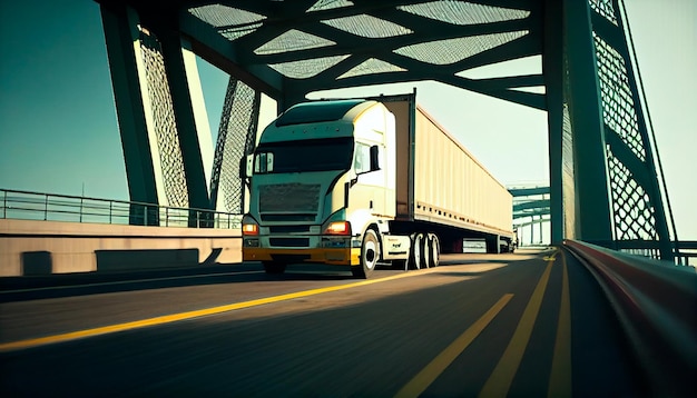 Cargo truck with container driving on the bridge SemiTruck with Cargo Trailer Generative Ai