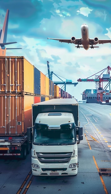 Foto un camion di merci con container sull'autostrada e un aereo volante