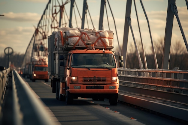 Грузовые грузовики в конвое на подвесном мосту