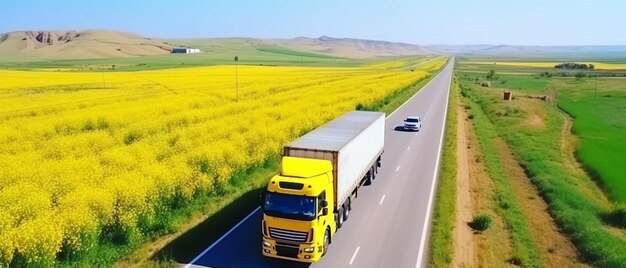 Cargo trucks driving on motorway road passing by yellow blooming fields running traffic on beautiful