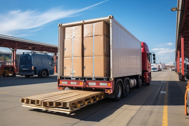 Photo cargo trucks transfer cargoes at the port