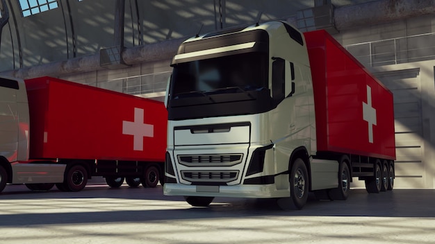 Cargo trucks with Switzerland flag. Trucks from Swiss loading or unloading at warehouse dock. 3d rendering