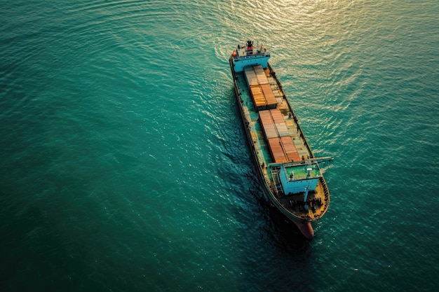 Cargo vessel at sea aerial follow shot