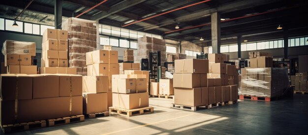 Cargo warehouse with stacked cardboard boxes on pallets for distribution and sale