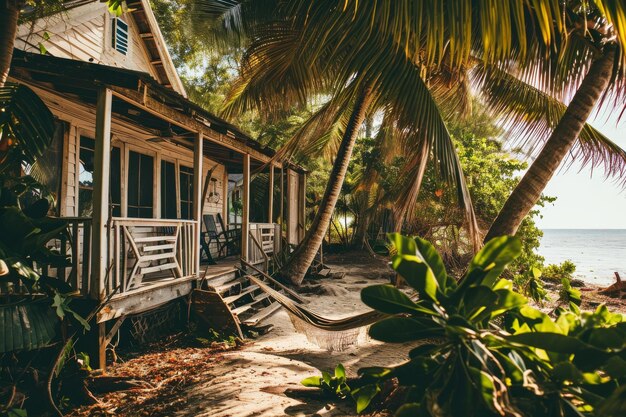 Foto una casa sulla spiaggia caraibica con un'amaca circondata da palme un charmoso e rustico bungalow sulla spiaggia nei caraibi con un'atmosfera accogliente e rilassata generata da ai