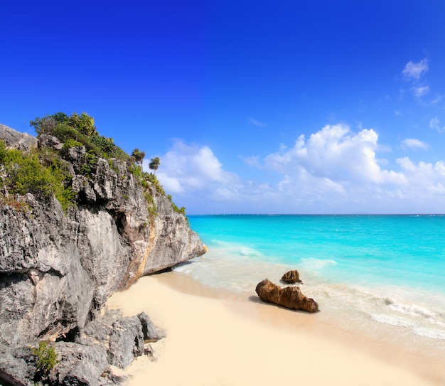 Caribbean beach in Tulum Mexico under Mayan ruins