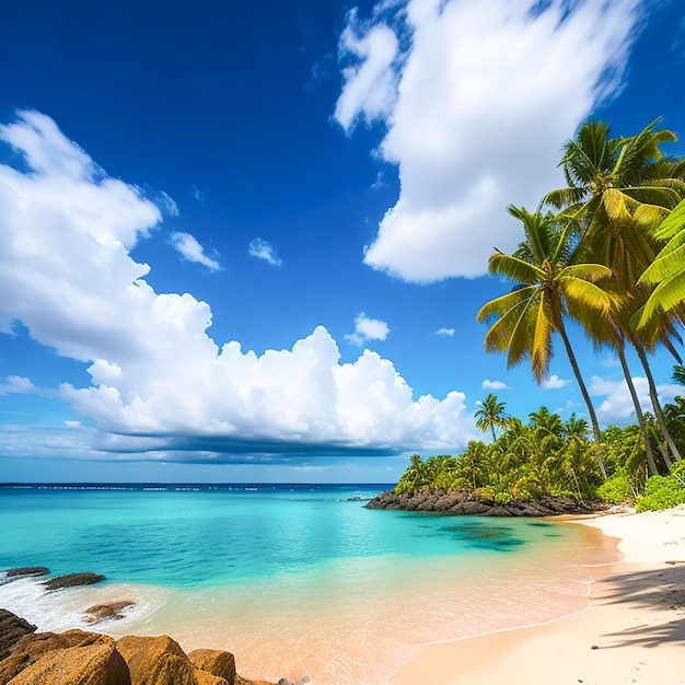 Caribbean beach with palm trees and blue sky generated by ai