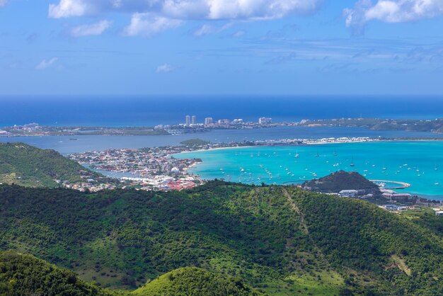 Caribbean cruise vacation panoramic skyline of Saint Martin island from Pic Paradis lookout