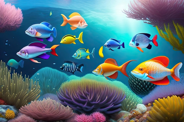 Карибское морское дно с рыбой, созданной иллюстрацией