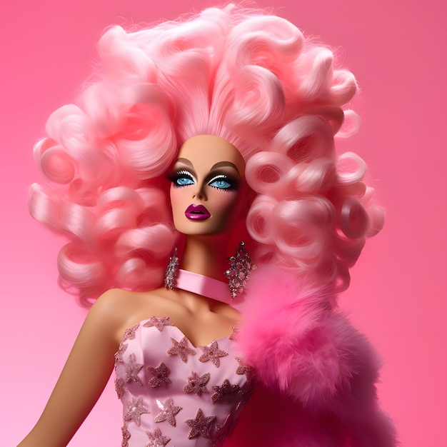 Caricature of barbie in pink outfit with huge hairv