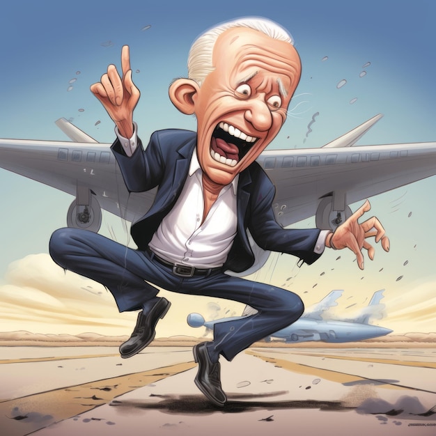 Photo caricature chaos biden's airborne embrace a playful ode to scarfe's spirited style