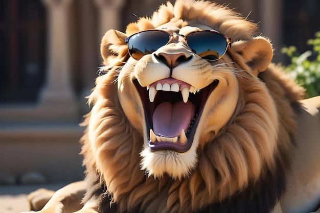 カリカチュア ライオンは白い笑顔でカメラを見る 遊び場AIプラットフォーム