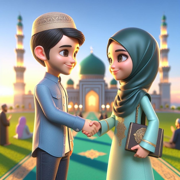 caricature of a man and woman shaking hands during the Eid alFitr holiday