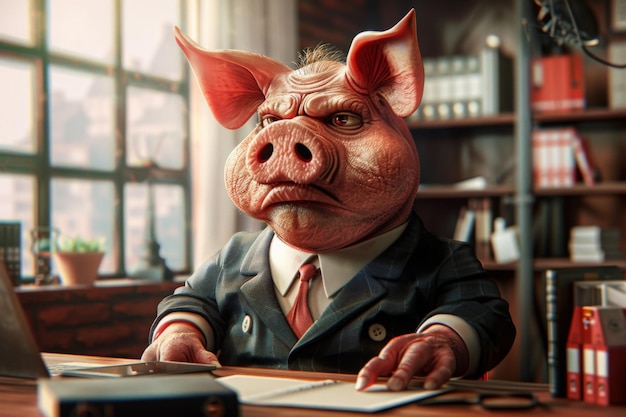 Photo a caricature of a pig in a businessman costume boss director funny mocking ridiculing bad leader