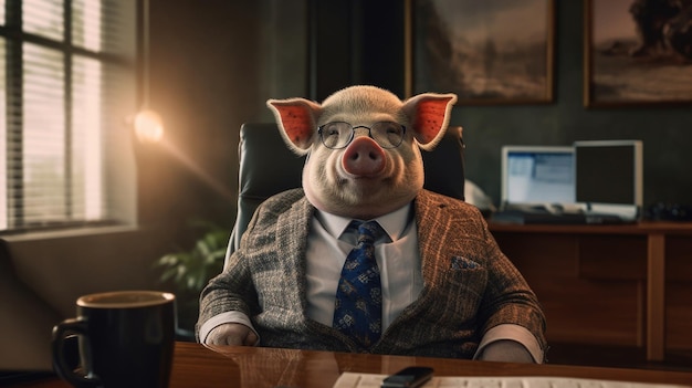 Foto una caricatura di un maiale in un ufficio in un uomo d'affari costume capo regista divertente beffardo ridicolo cattivo leader terribile esigente stupido ai generativo